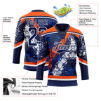 Custom Navy Thunder Blue Orange-White 3D Splash Art Hockey Lace Neck Jersey