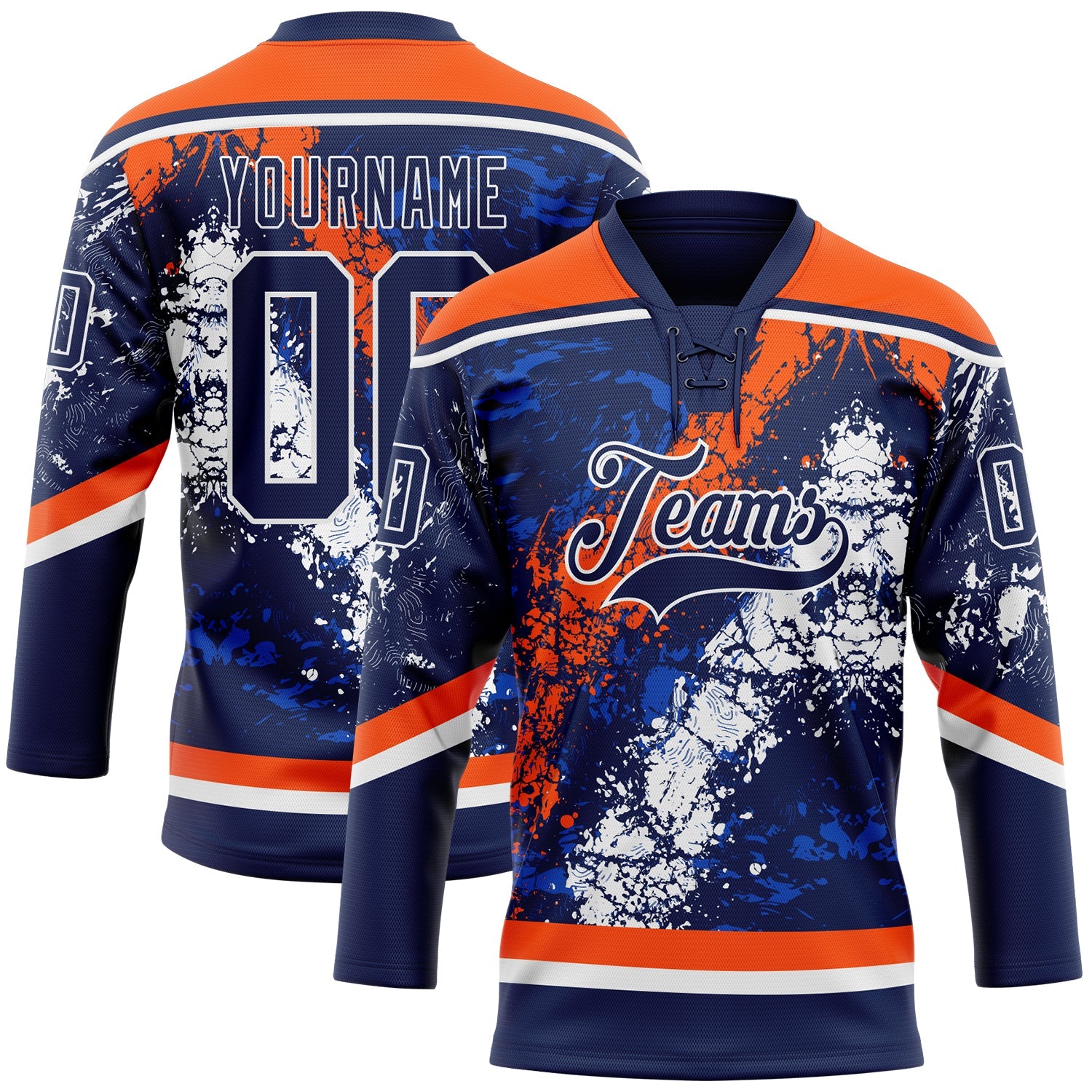Custom Navy Thunder Blue Orange-White 3D Splash Art Hockey Lace Neck Jersey