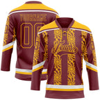 Custom Burgundy Gold-White 3D Pattern Abstract Shape Hockey Lace Neck Jersey