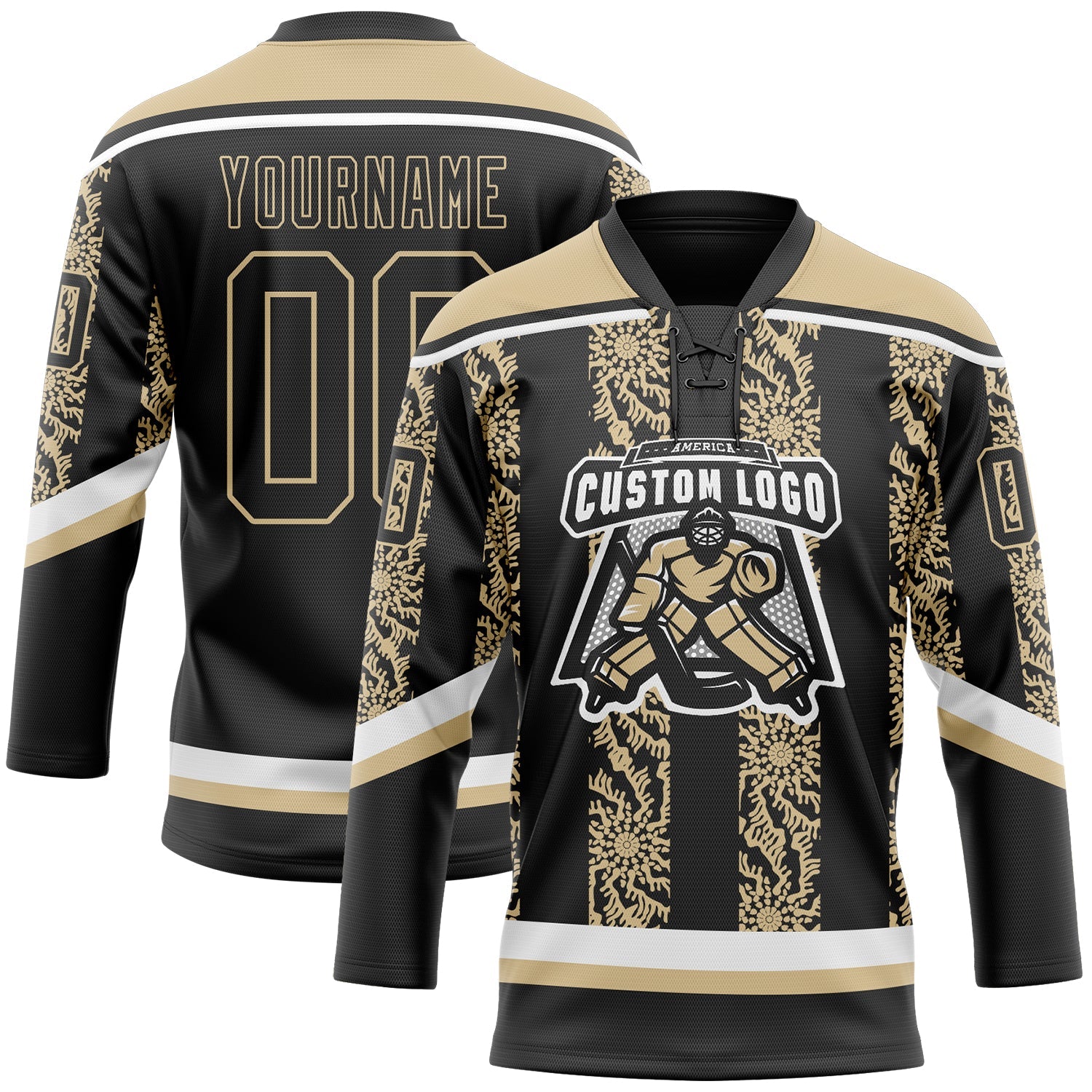 Custom Black Vegas Gold-White 3D Pattern Abstract Shape Hockey Lace Neck Jersey