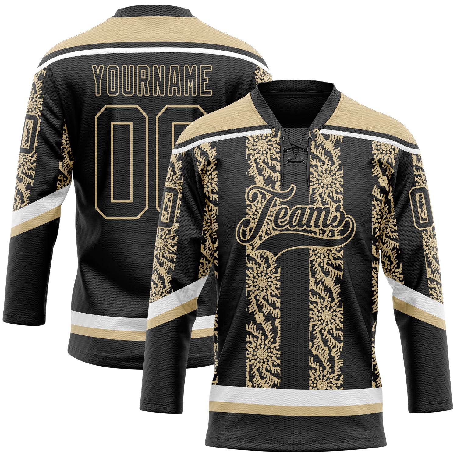 Custom Black Vegas Gold-White 3D Pattern Abstract Shape Hockey Lace Neck Jersey