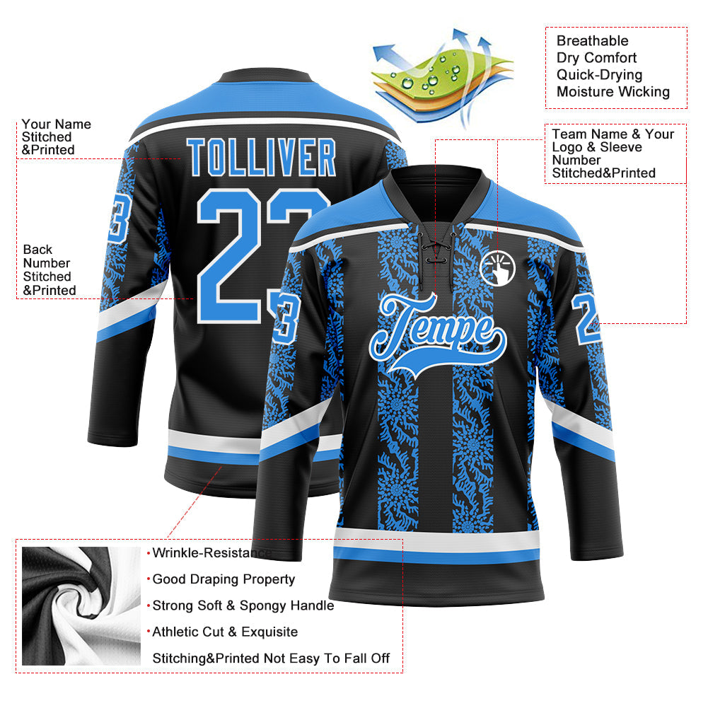 Custom Black Powder Blue-White 3D Pattern Abstract Shape Hockey Lace Neck Jersey