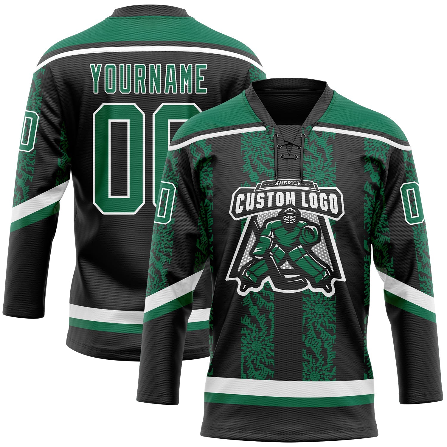 Custom Black Kelly Green-White 3D Pattern Abstract Shape Hockey Lace Neck Jersey