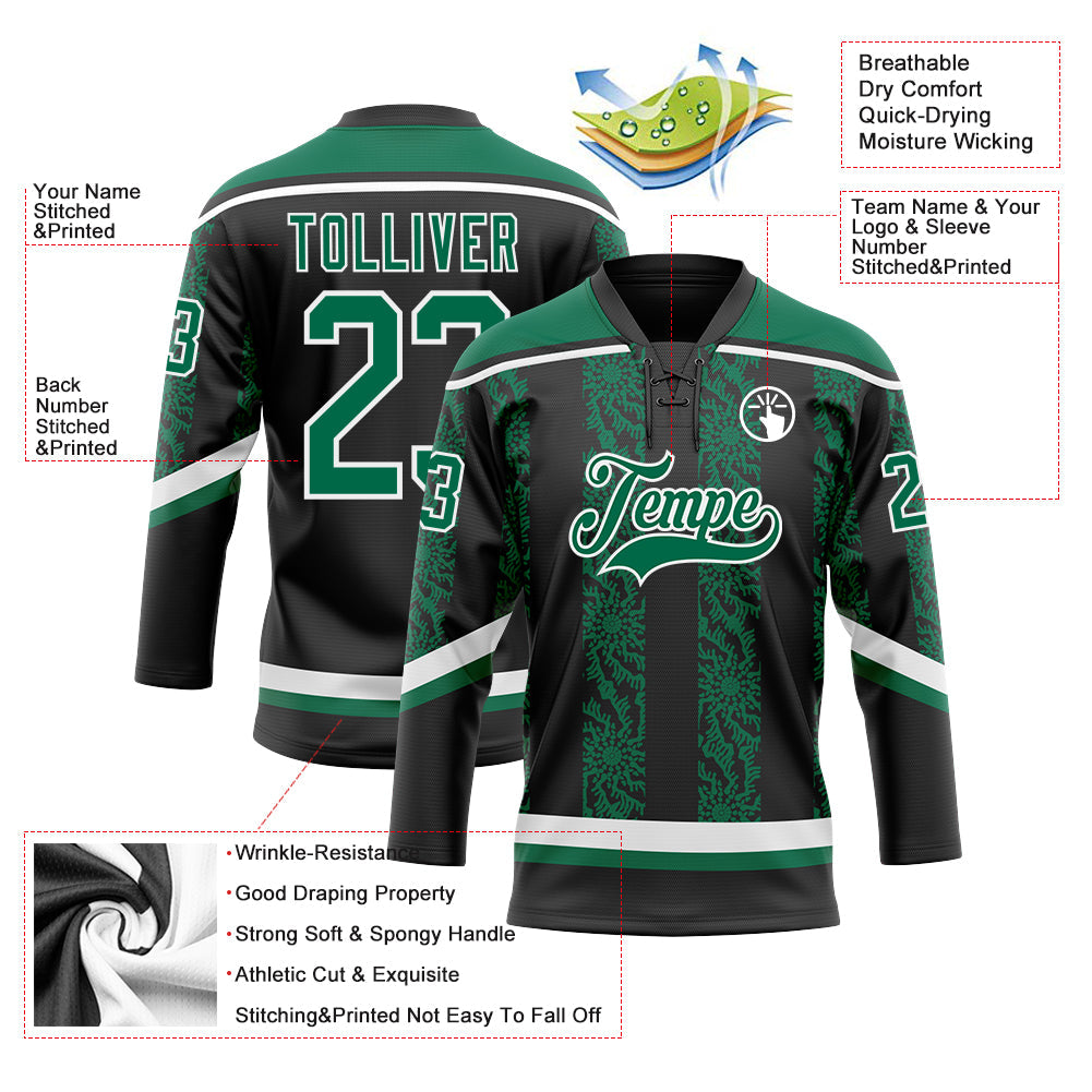 Custom Black Kelly Green-White 3D Pattern Abstract Shape Hockey Lace Neck Jersey