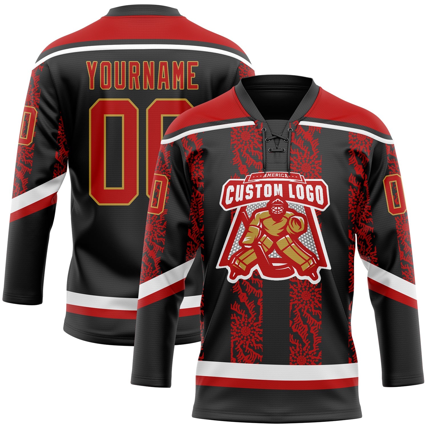 Custom Black Red Old Gold-White 3D Pattern Abstract Shape Hockey Lace Neck Jersey