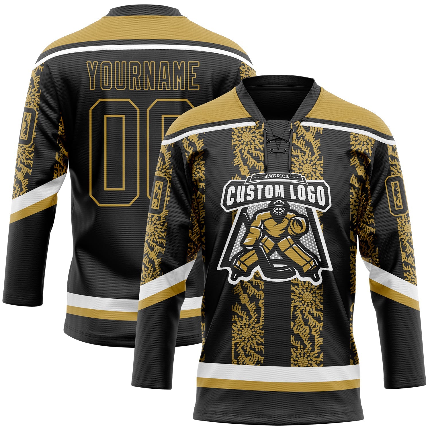 Custom Black Old Gold-White 3D Pattern Abstract Shape Hockey Lace Neck Jersey