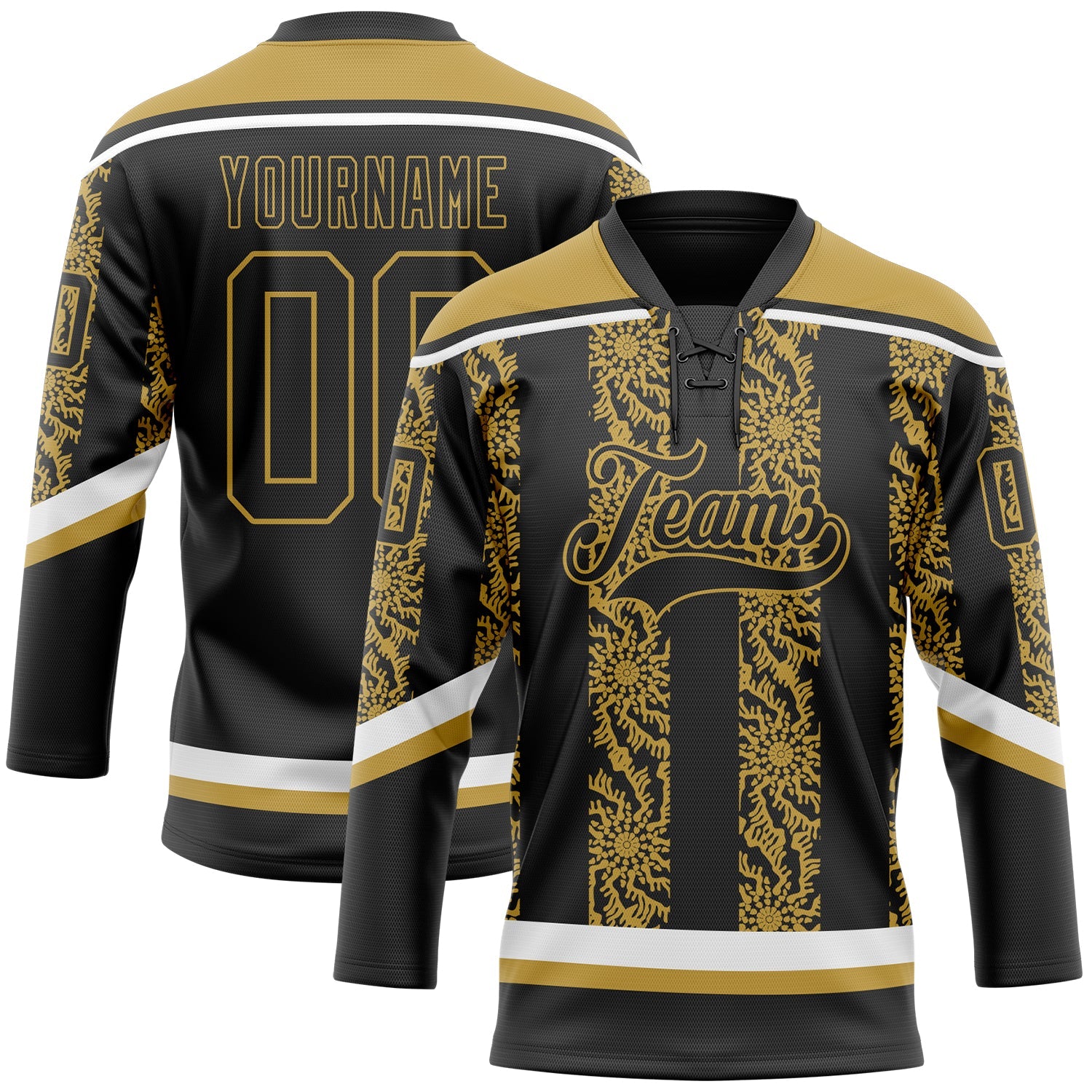 Custom Black Old Gold-White 3D Pattern Abstract Shape Hockey Lace Neck Jersey
