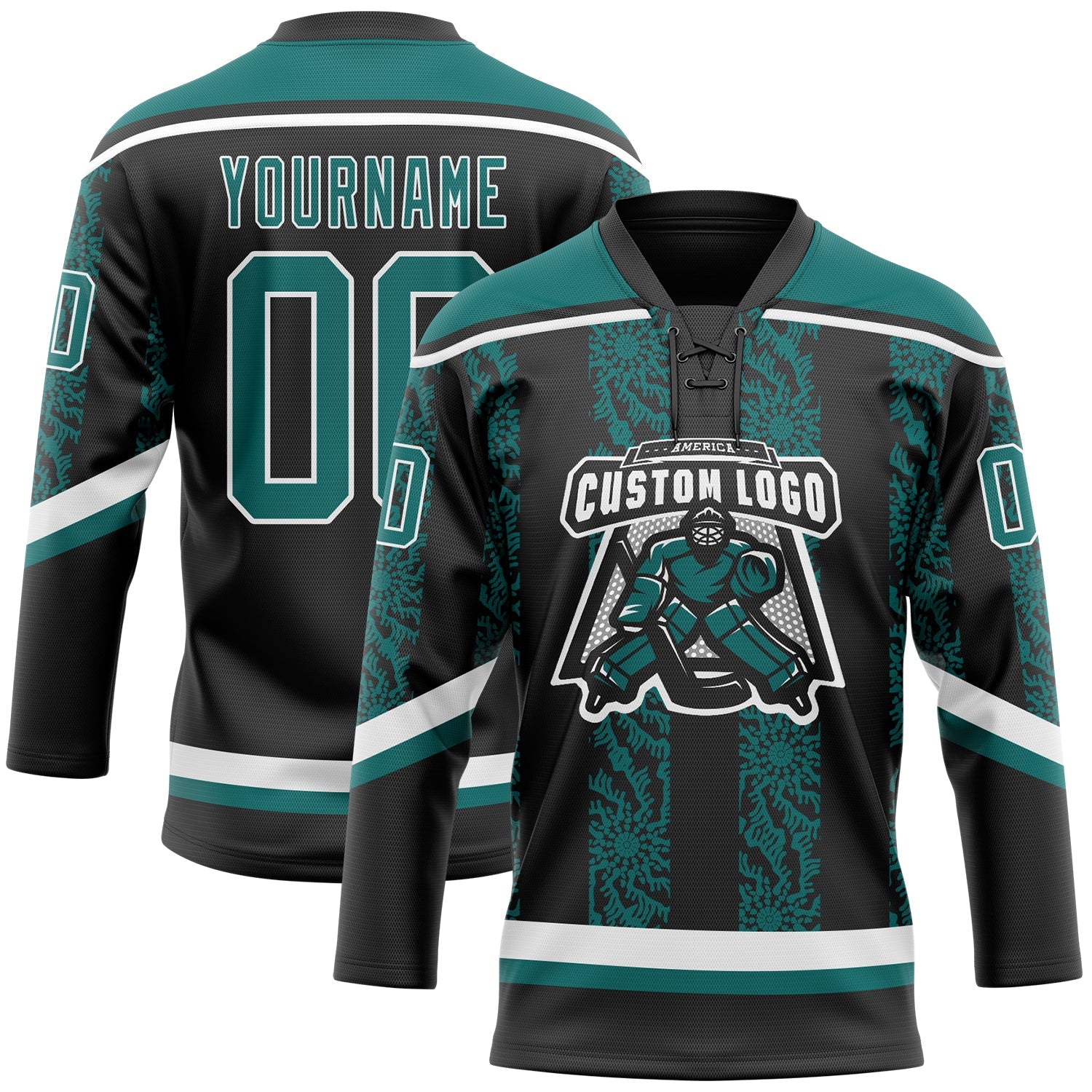 Custom Black Teal-White 3D Pattern Abstract Shape Hockey Lace Neck Jersey