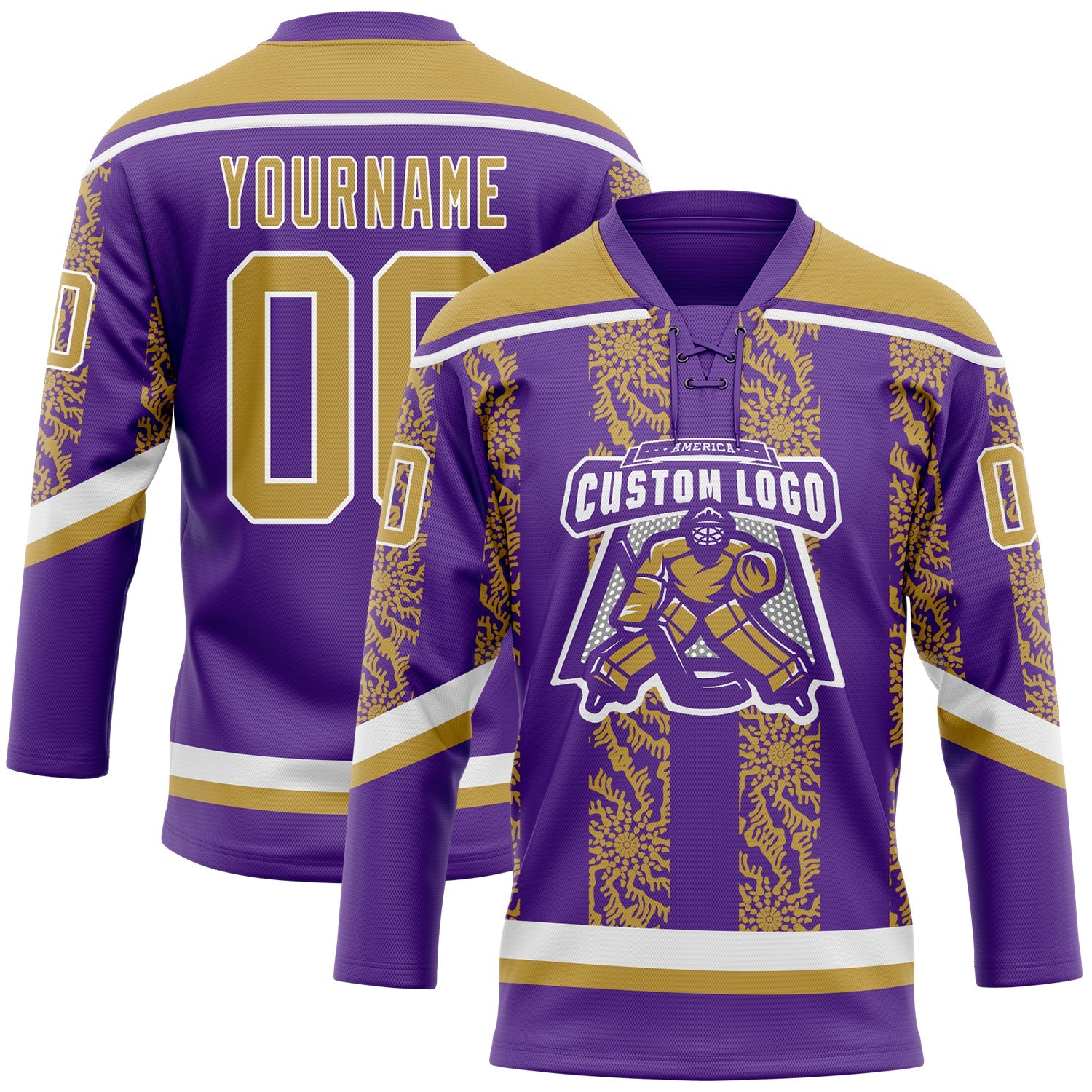 Custom Purple Old Gold-White 3D Pattern Abstract Shape Hockey Lace Neck Jersey