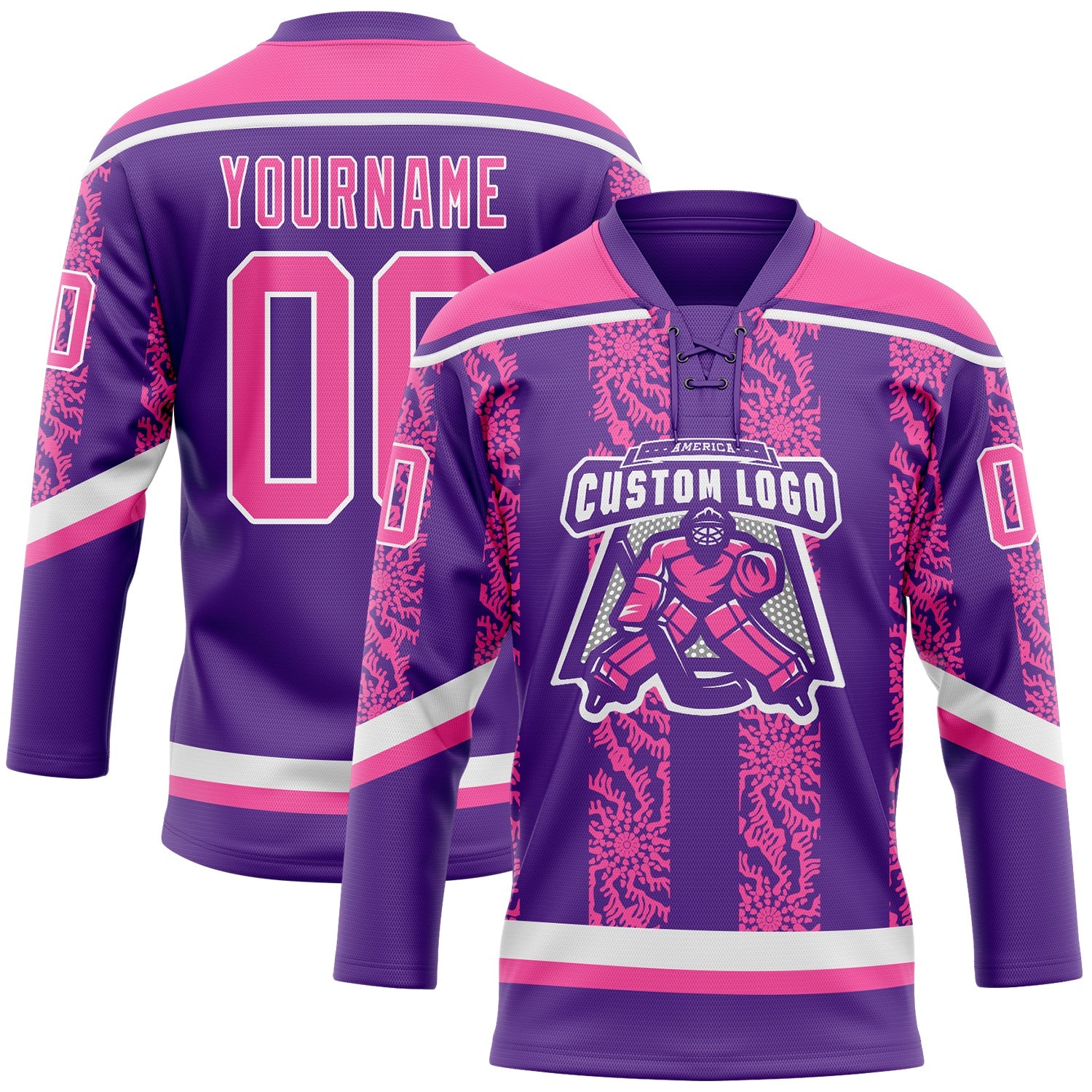 Custom Purple Pink-White 3D Pattern Abstract Shape Hockey Lace Neck Jersey