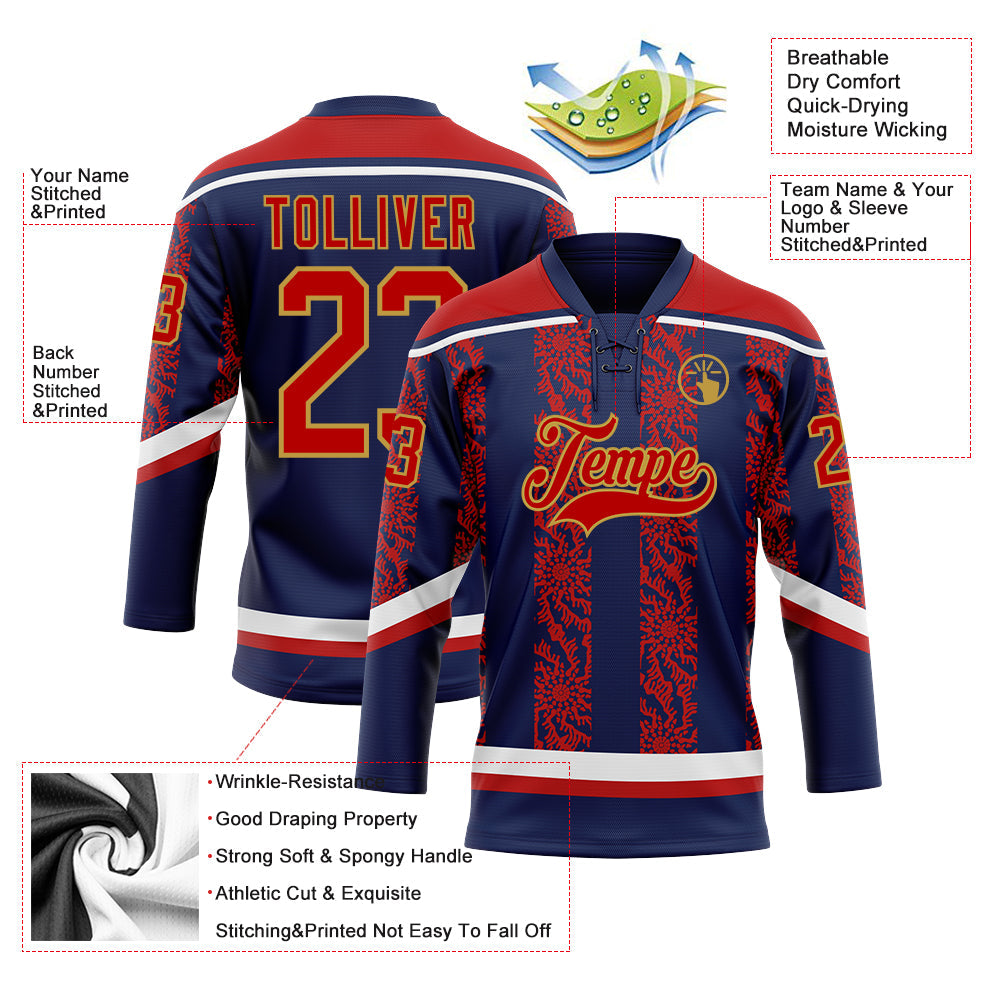 Custom Navy Red Old Gold-White 3D Pattern Abstract Shape Hockey Lace Neck Jersey