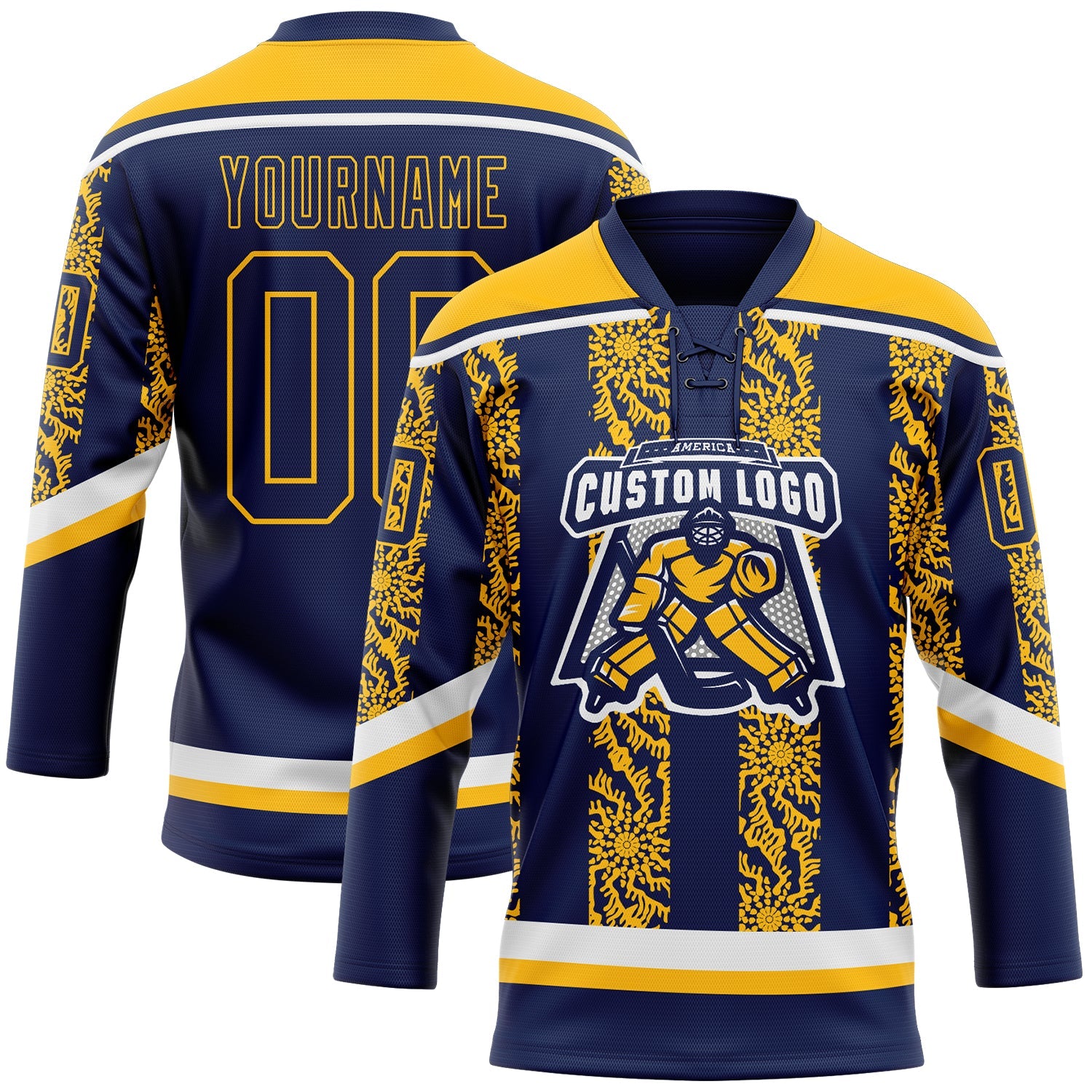 Custom Navy Gold-White 3D Pattern Abstract Shape Hockey Lace Neck Jersey