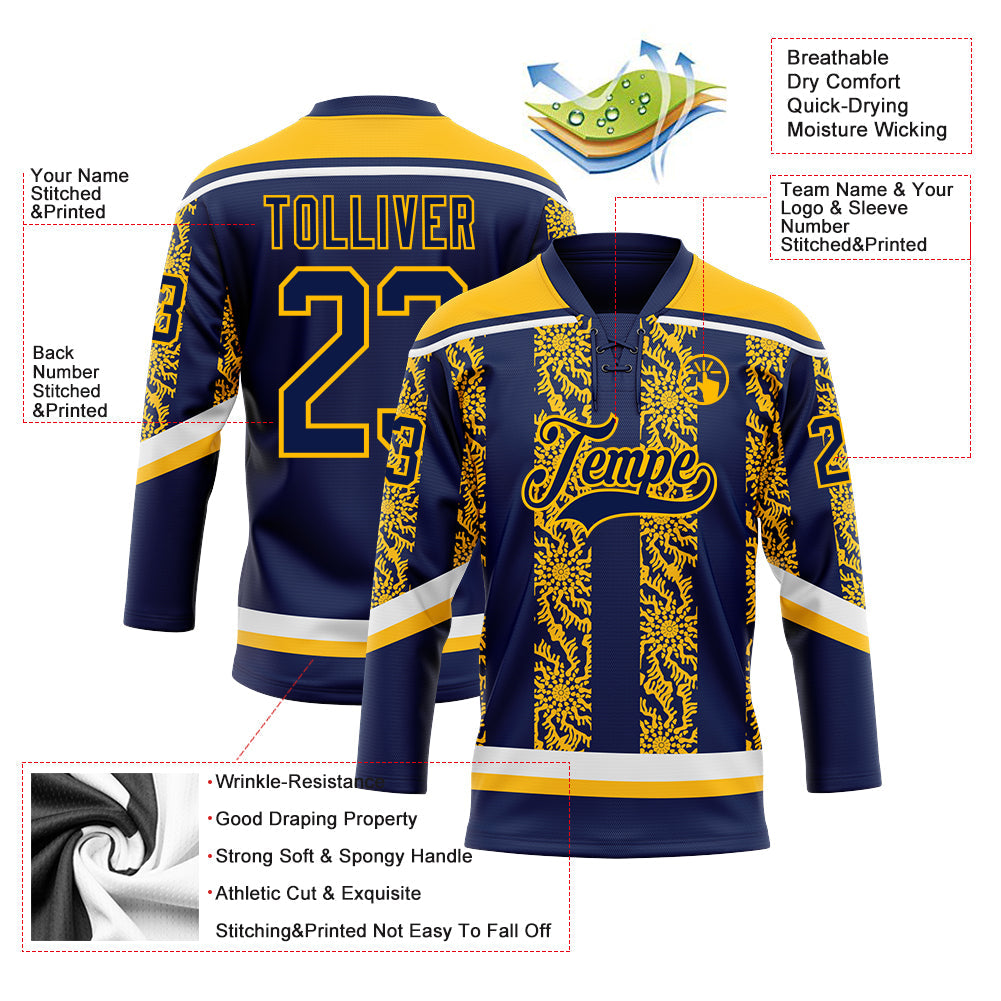 Custom Navy Gold-White 3D Pattern Abstract Shape Hockey Lace Neck Jersey