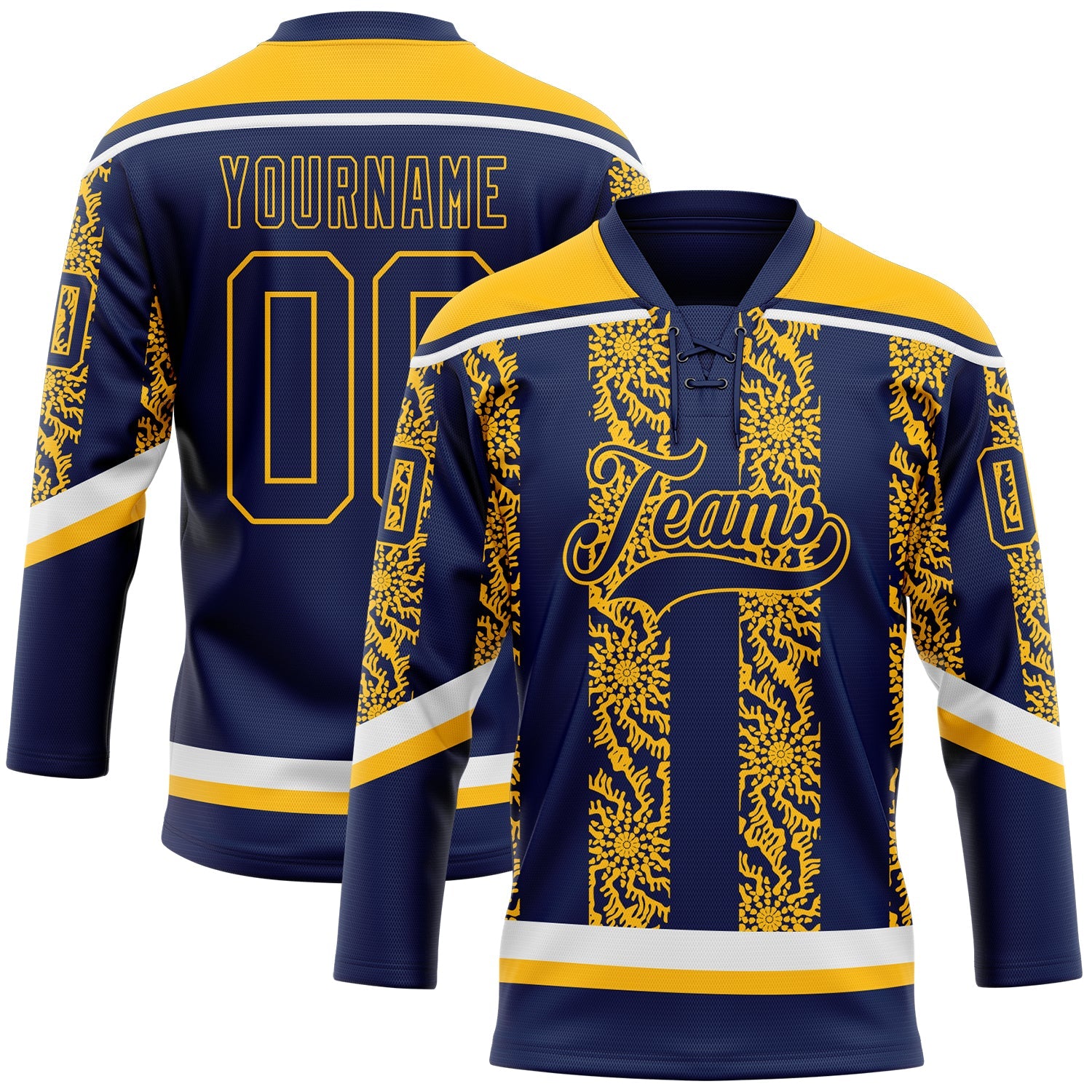 Custom Navy Gold-White 3D Pattern Abstract Shape Hockey Lace Neck Jersey