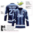 Custom Navy Light Blue-White 3D Pattern Abstract Shape Hockey Lace Neck Jersey