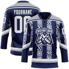 Custom Navy White-Gray 3D Pattern Abstract Shape Hockey Lace Neck Jersey