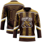 Custom Brown Old Gold-White 3D Pattern Abstract Shape Hockey Lace Neck Jersey