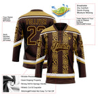 Custom Brown Old Gold-White 3D Pattern Abstract Shape Hockey Lace Neck Jersey