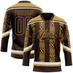 Custom Brown Old Gold-White 3D Pattern Abstract Shape Hockey Lace Neck Jersey