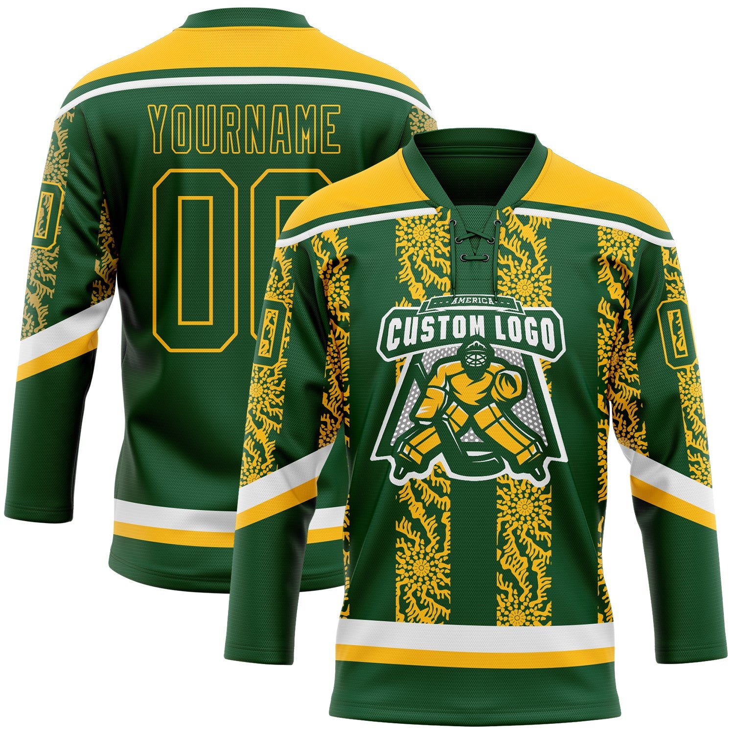 Custom Green Gold-White 3D Pattern Abstract Shape Hockey Lace Neck Jersey
