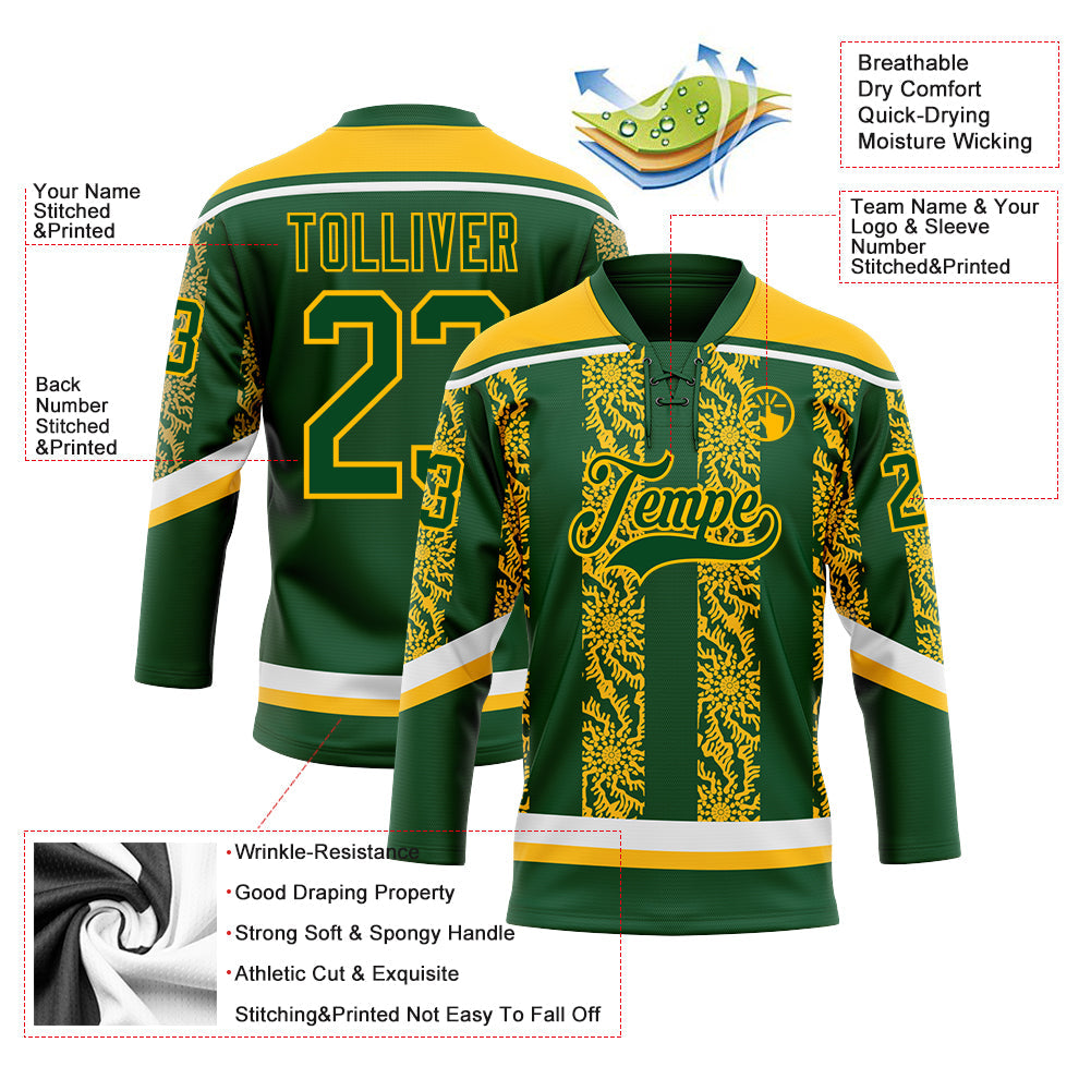 Custom Green Gold-White 3D Pattern Abstract Shape Hockey Lace Neck Jersey