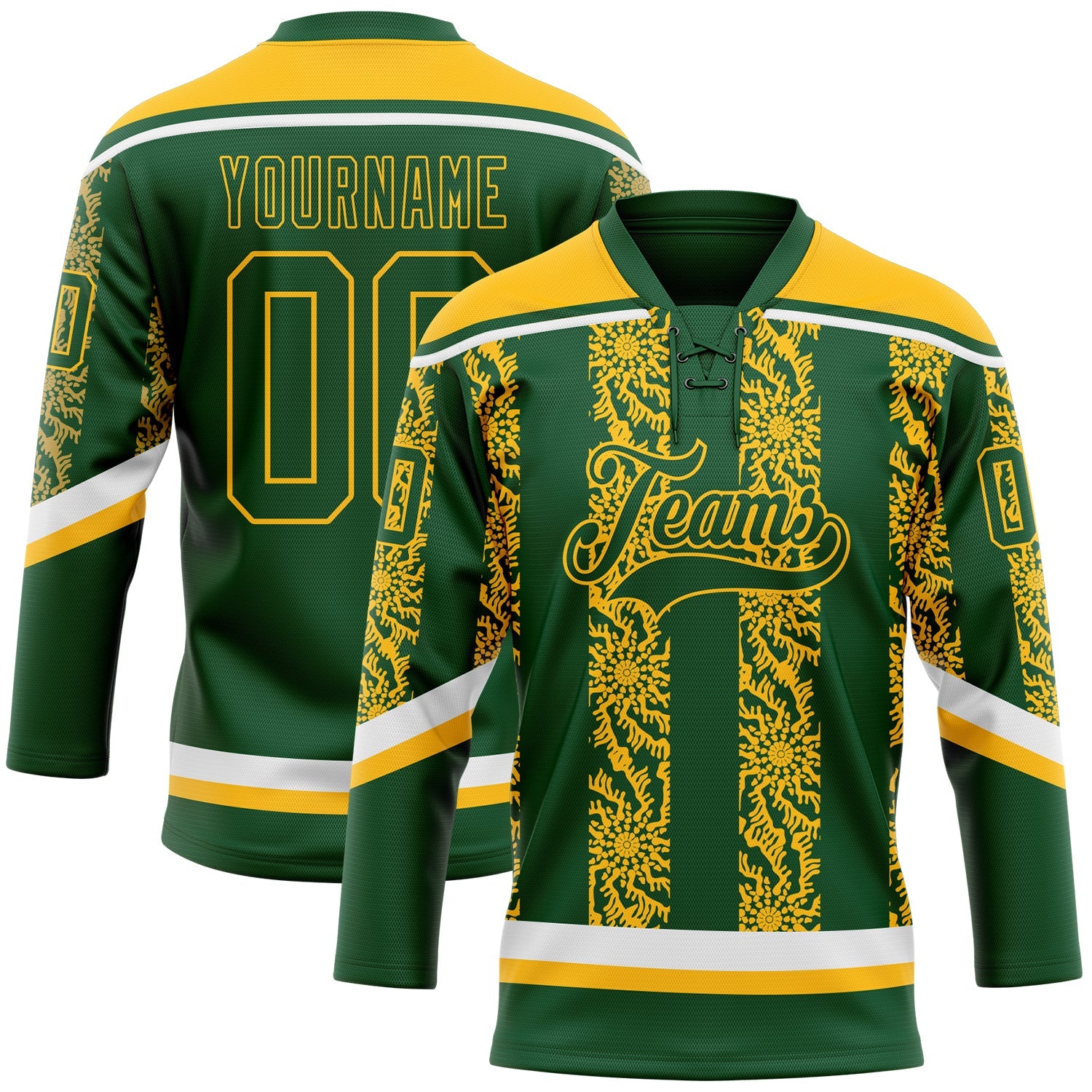 Custom Green Gold-White 3D Pattern Abstract Shape Hockey Lace Neck Jersey
