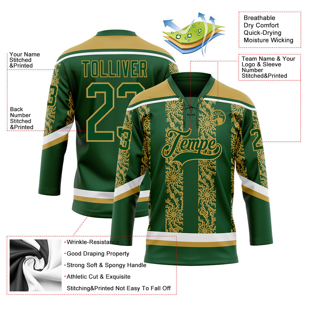 Custom Green Old Gold-White 3D Pattern Abstract Shape Hockey Lace Neck Jersey