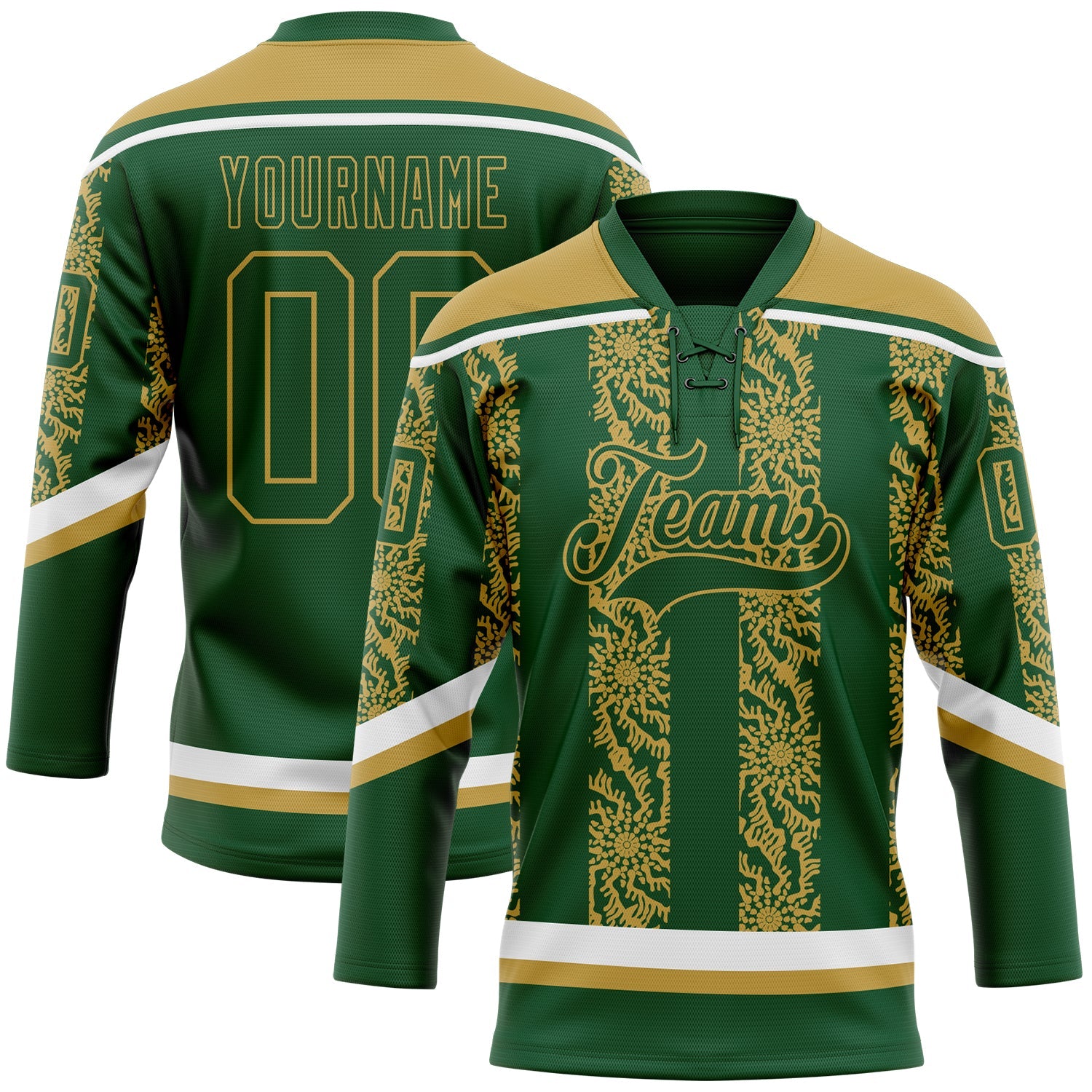 Custom Green Old Gold-White 3D Pattern Abstract Shape Hockey Lace Neck Jersey