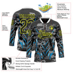 Custom Black Neon Yellow Blue-White 3D Pattern Abstract Camo Hockey Lace Neck Jersey