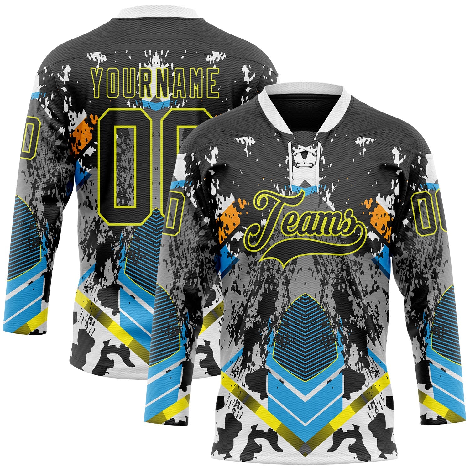 Custom Black Neon Yellow Blue-White 3D Pattern Abstract Splash Hockey Lace Neck Jersey