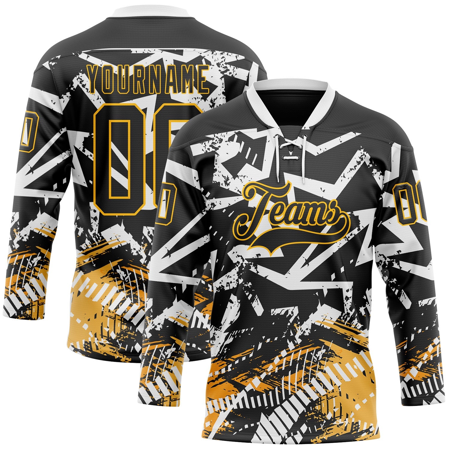 Custom Black Gold-White 3D Pattern Abstract Hockey Lace Neck Jersey