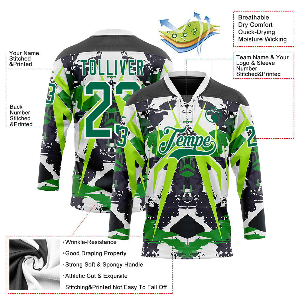 Custom Black Kelly Green White-Green 3D Pattern Abstract Grunge Hockey Lace Neck Jersey