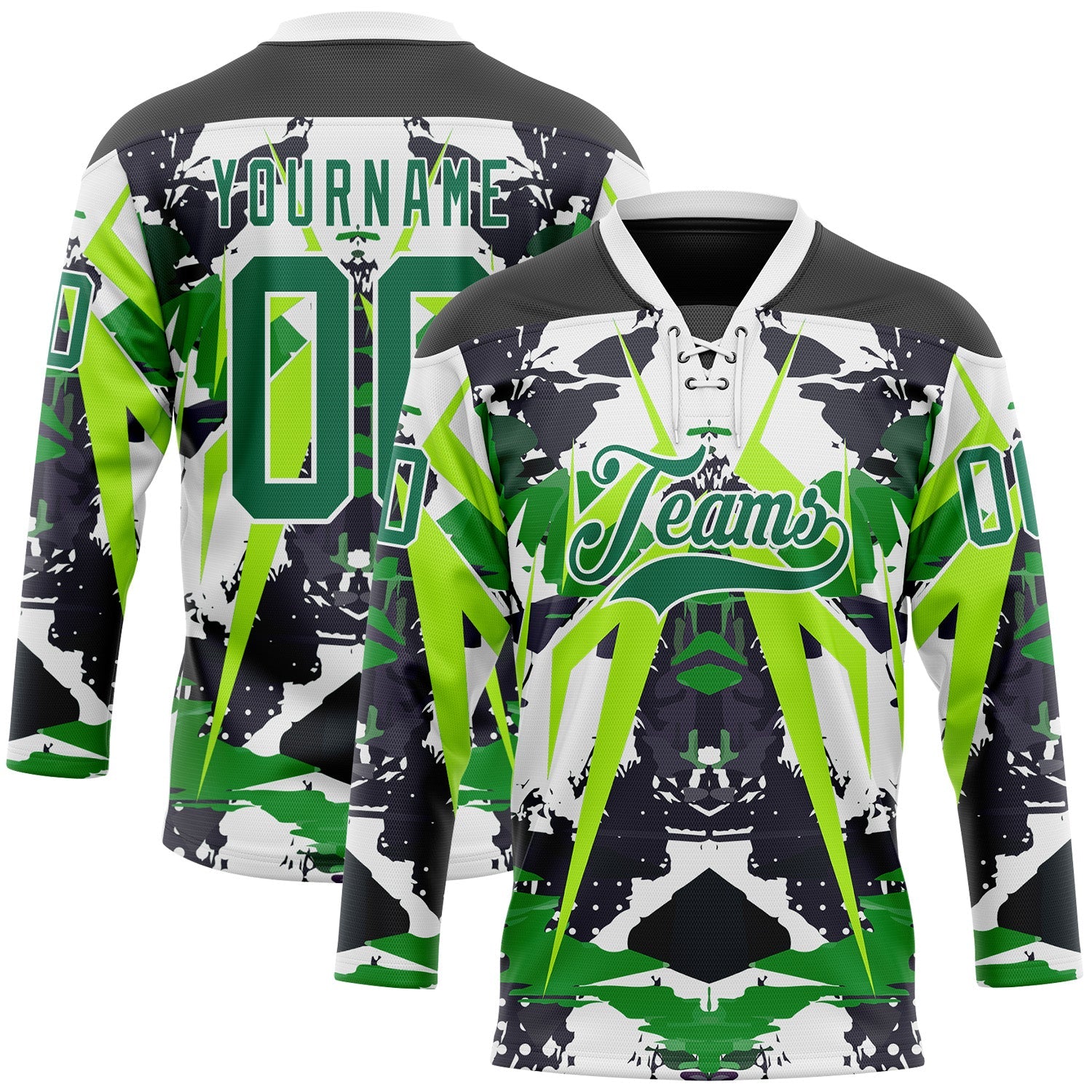 Custom Black Kelly Green White-Green 3D Pattern Abstract Grunge Hockey Lace Neck Jersey