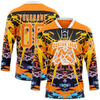 Custom Bay Orange Blue-White 3D Pattern Abstract Grunge Hockey Lace Neck Jersey