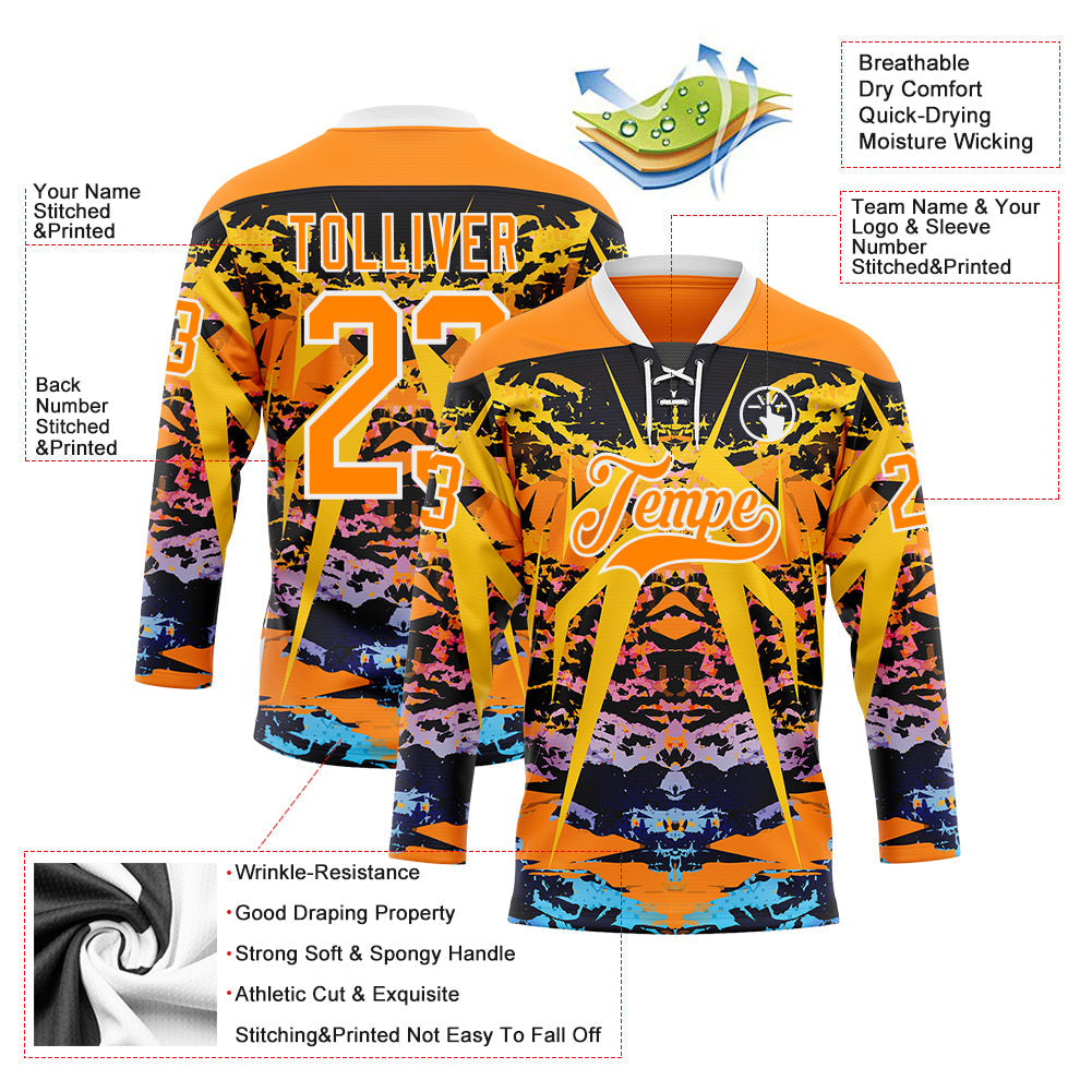 Custom Bay Orange Blue-White 3D Pattern Abstract Grunge Hockey Lace Neck Jersey