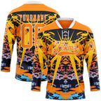 Custom Bay Orange Blue-White 3D Pattern Abstract Grunge Hockey Lace Neck Jersey