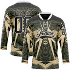 Custom Black Olive-White 3D Pattern Abstract Grunge Hockey Lace Neck Jersey
