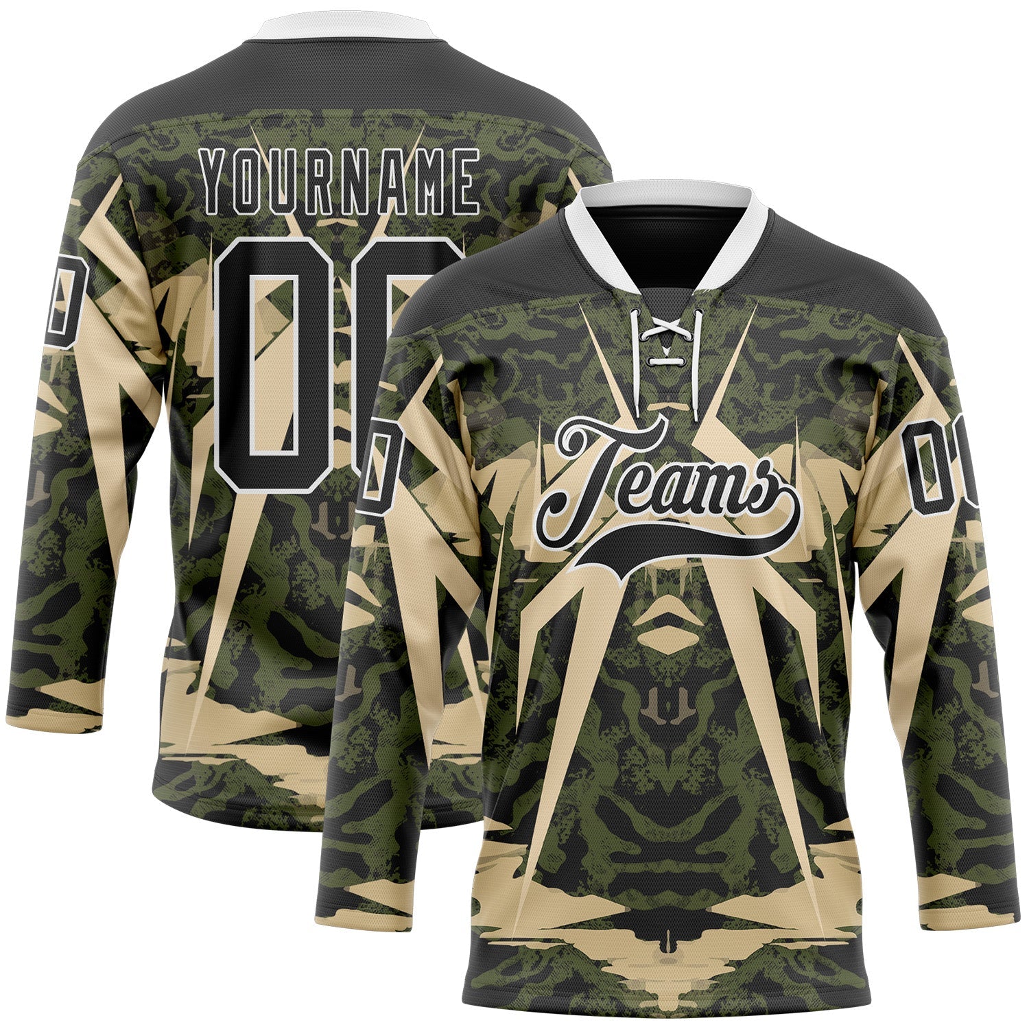 Custom Black Olive-White 3D Pattern Abstract Grunge Hockey Lace Neck Jersey