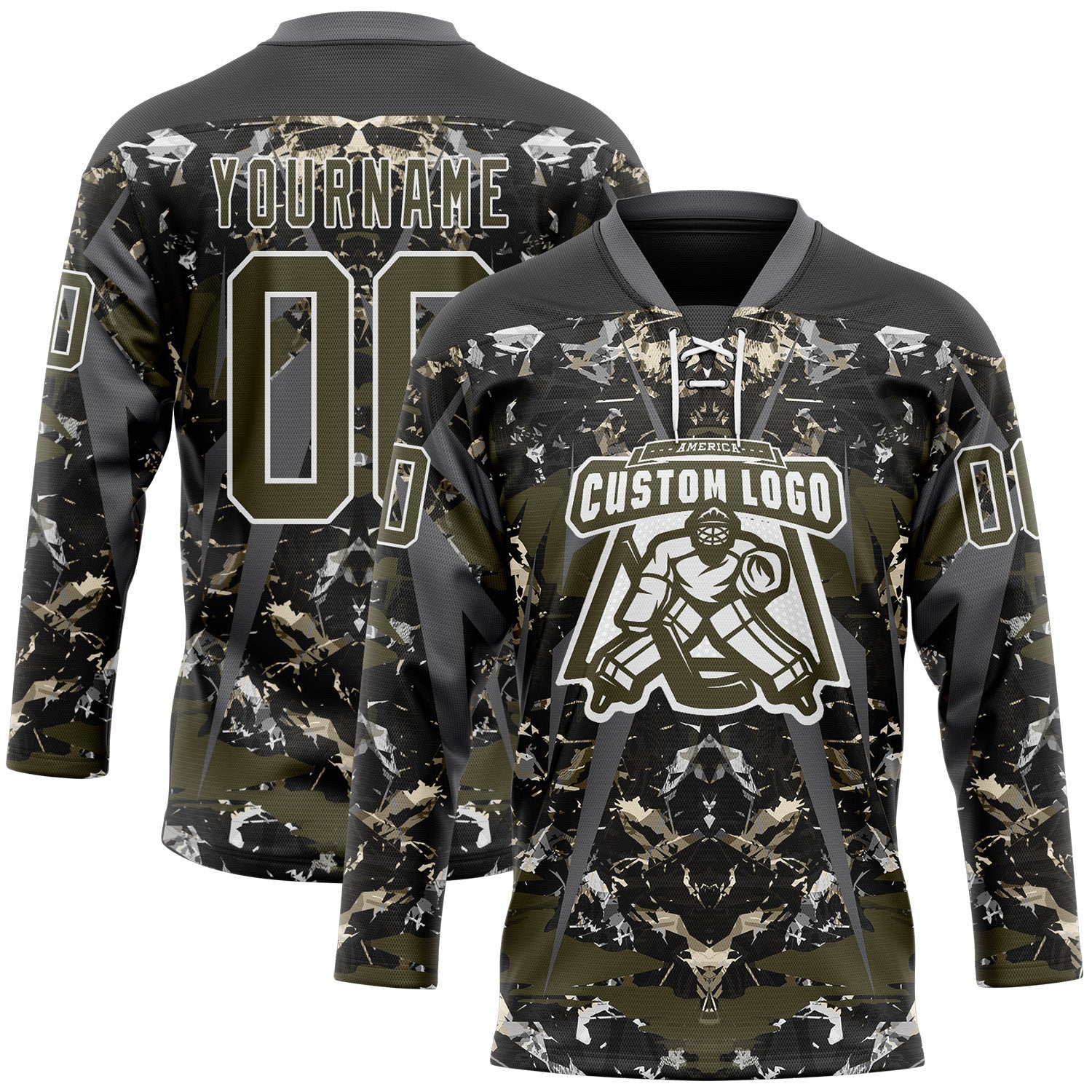 Custom Black Olive Steel Gray-White 3D Pattern Abstract Grunge Hockey Lace Neck Jersey