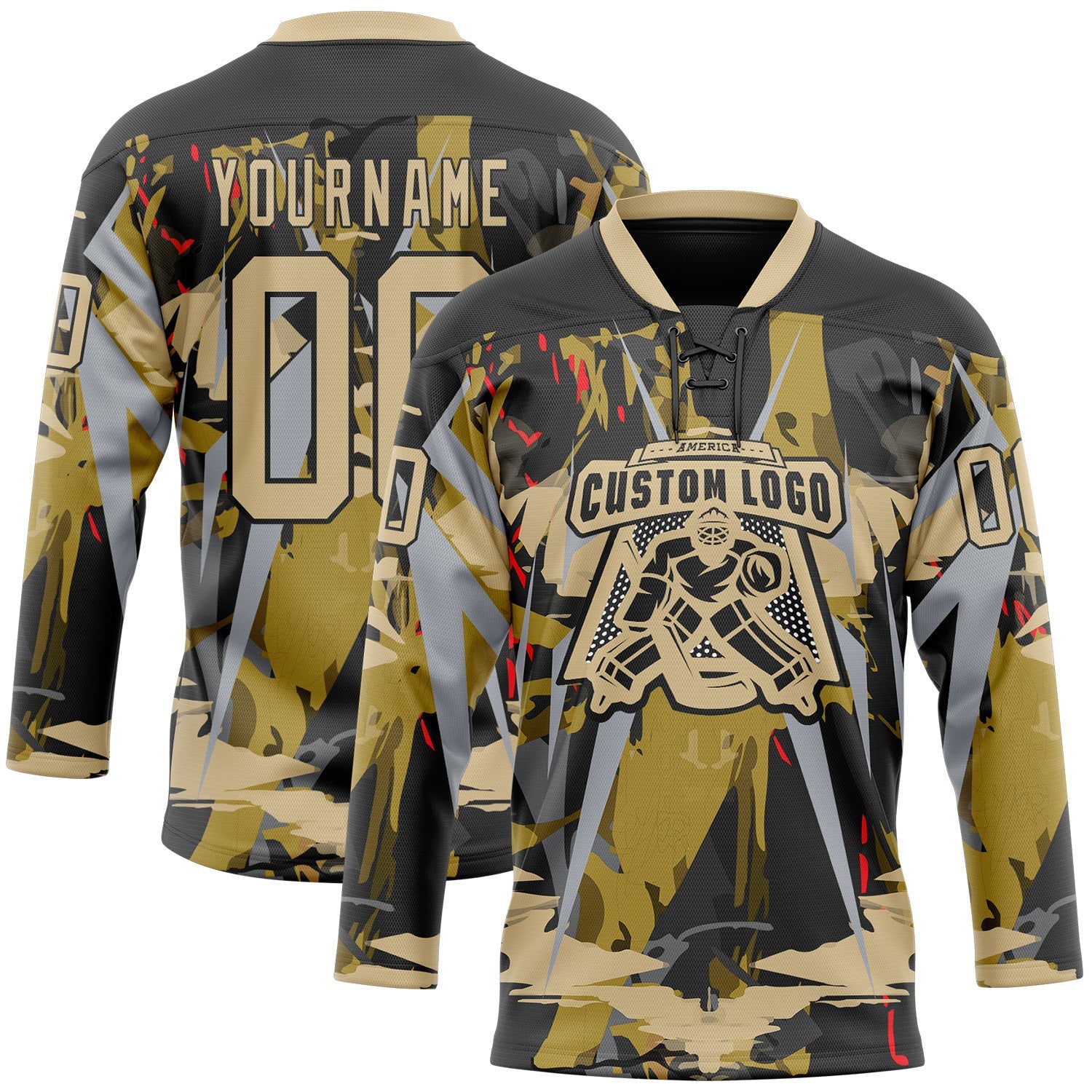 Custom Black Vegas Gold-Gray 3D Pattern Abstract Hockey Lace Neck Jersey
