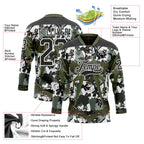 Custom Black Olive-White 3D Pattern Abstract Camo Hockey Lace Neck Jersey