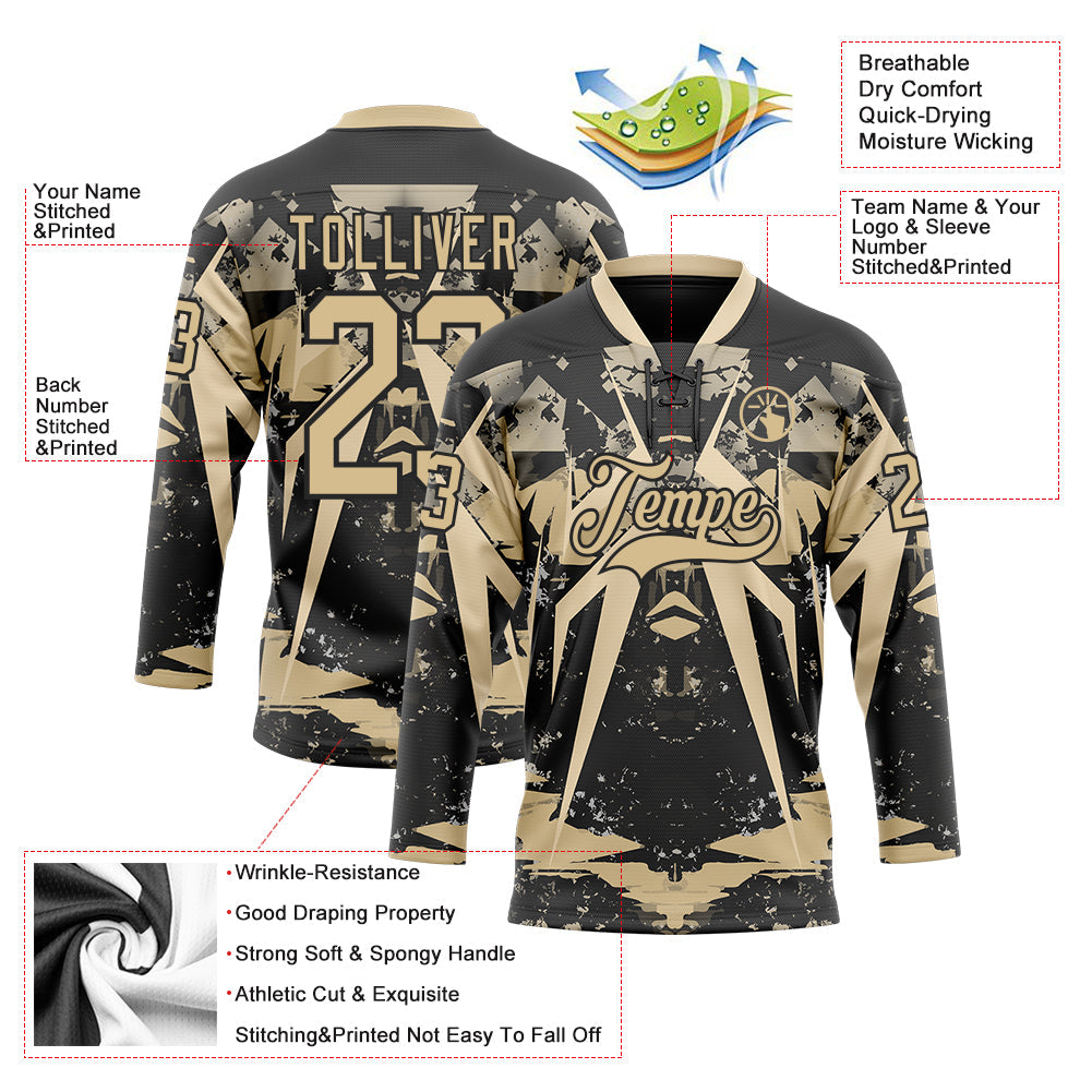 Custom Black Vegas Gold 3D Pattern Abstract Grunge Hockey Lace Neck Jersey