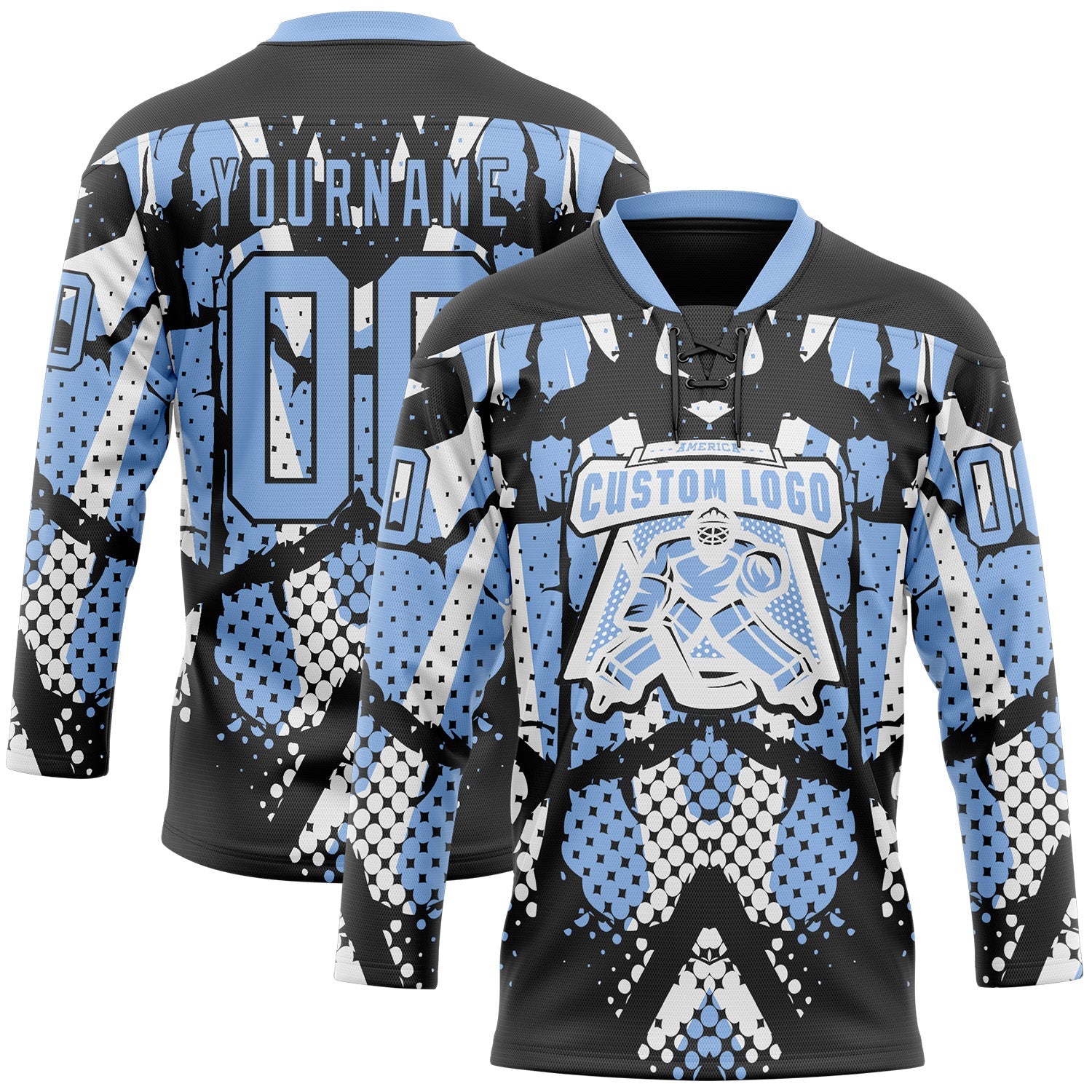 Custom Light Blue Black-White 3D Pattern Abstract Hockey Lace Neck Jersey
