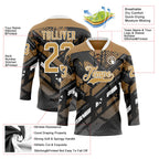 Custom Old Gold Gray Black-White 3D Pattern Abstract Grunge Hockey Lace Neck Jersey