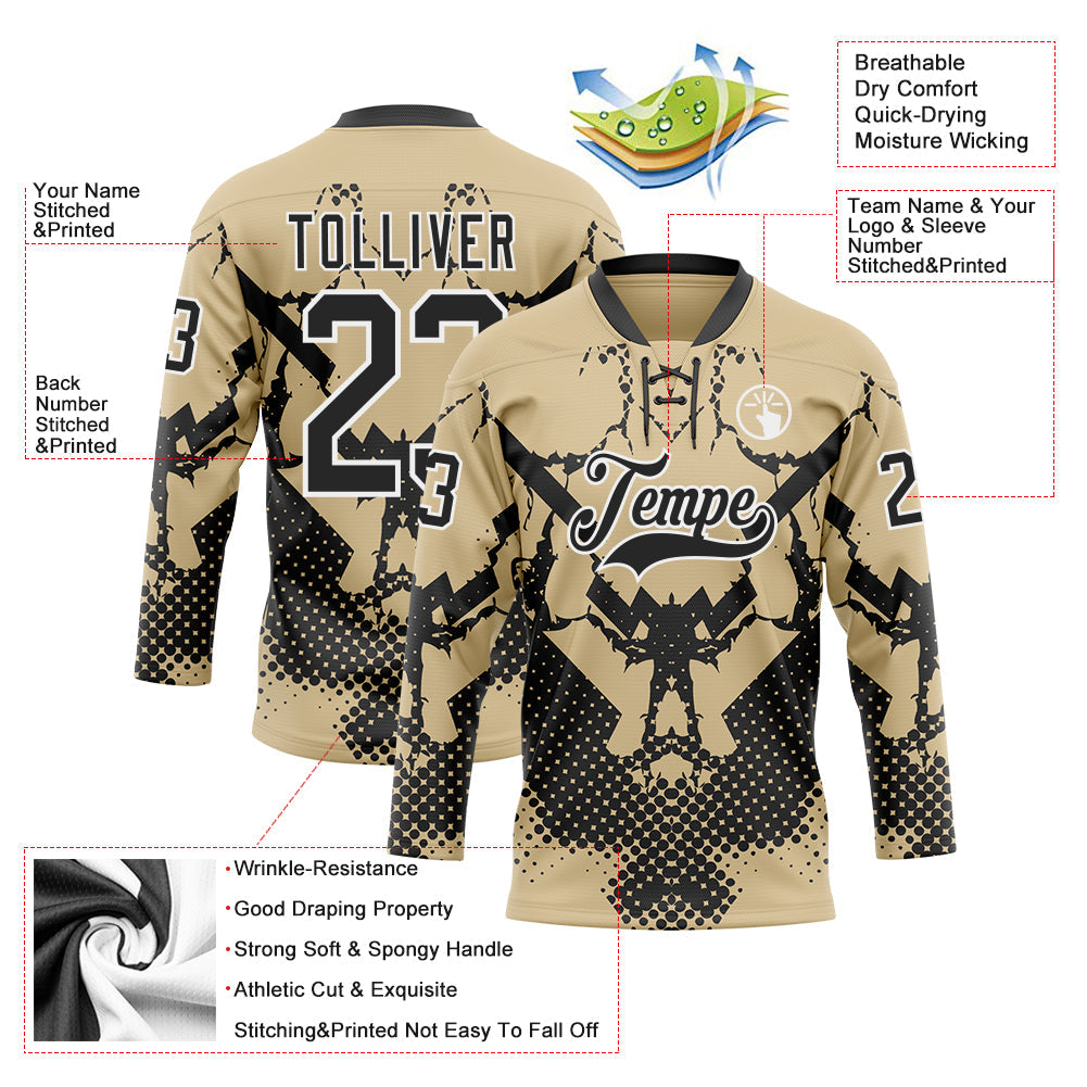 Custom Vegas Gold Black-White 3D Pattern Abstract Grunge Hockey Lace Neck Jersey