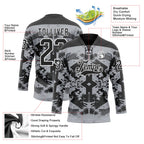 Custom Gray Black-White 3D Pattern Abstract Grunge Hockey Lace Neck Jersey