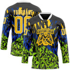 Custom Black Yellow Blue-Green 3D Pattern Abstract Hockey Lace Neck Jersey