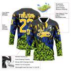 Custom Black Yellow Blue-Green 3D Pattern Abstract Hockey Lace Neck Jersey