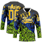 Custom Black Yellow Blue-Green 3D Pattern Abstract Hockey Lace Neck Jersey