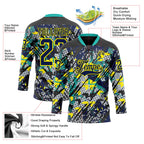 Custom Navy Light Yellow-Aqua 3D Pattern Abstract Grunge Hockey Lace Neck Jersey